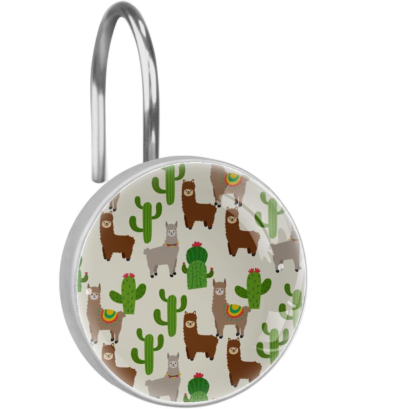 Crochets pour rideau de douche acier inoxydable anneaux salle de bain motif cactus marron gris alpaga