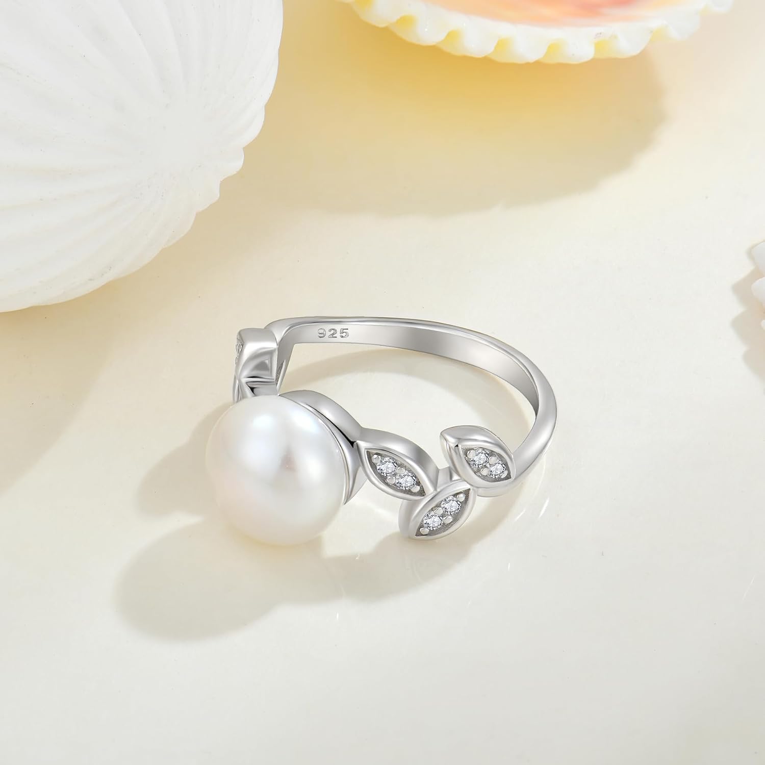 Women Pearl Ring,925 Sterling Silver Cubic Zirconia Leaf Ring with 10MM Cultured Freshwater Pearl for Women Wedding promise rings for her Size 6 - Image 2