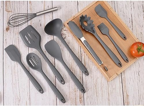 Miniatura 4 de Juego de utensilios de cocina de silicona gris, espátula antiadherente, mango de madera con caja de almacenamiento, herramientas de seguridad de