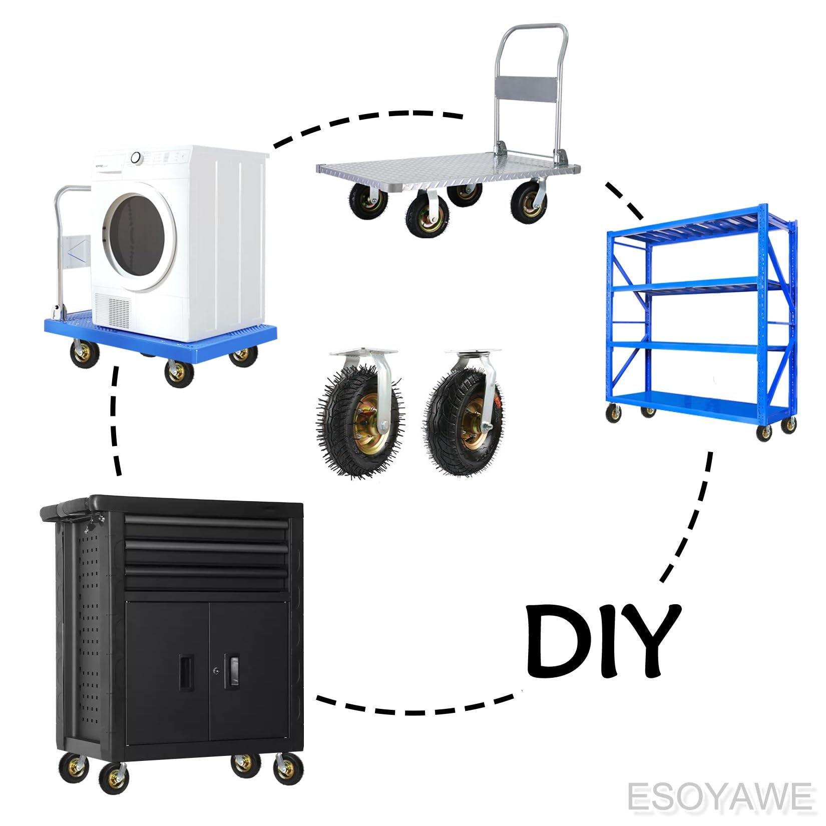 ESOYAWE Schwerlastrollen Transportrollen 2er Set, 150mm 200mm 250mm Luftreifen Gummi Bockrolle, 360 Grad Drehbar Ersatz Lenkrolle Für Trolleys, Tragfähigkeit 125KG Pro Industrierollen