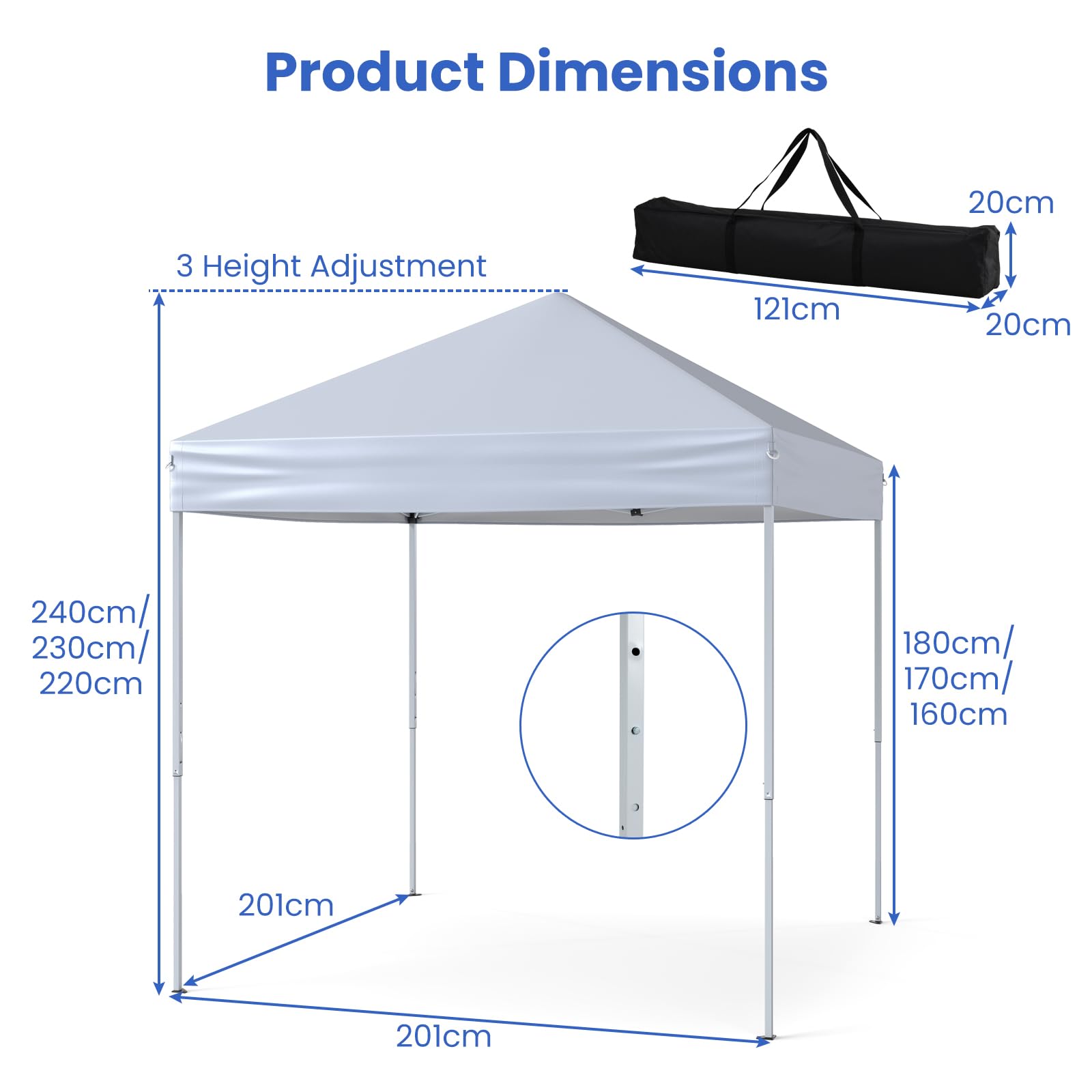 HOMASIS Gazebo Pieghevole Impermeabile 2 x 2 M, Gazebo Esterno Resistente con 4 Corde Antivento e 8 Picchetti, Tenda Pop Up Regolabile in Altezza e Borsa per il Trasporto per Campeggio (Bianco)