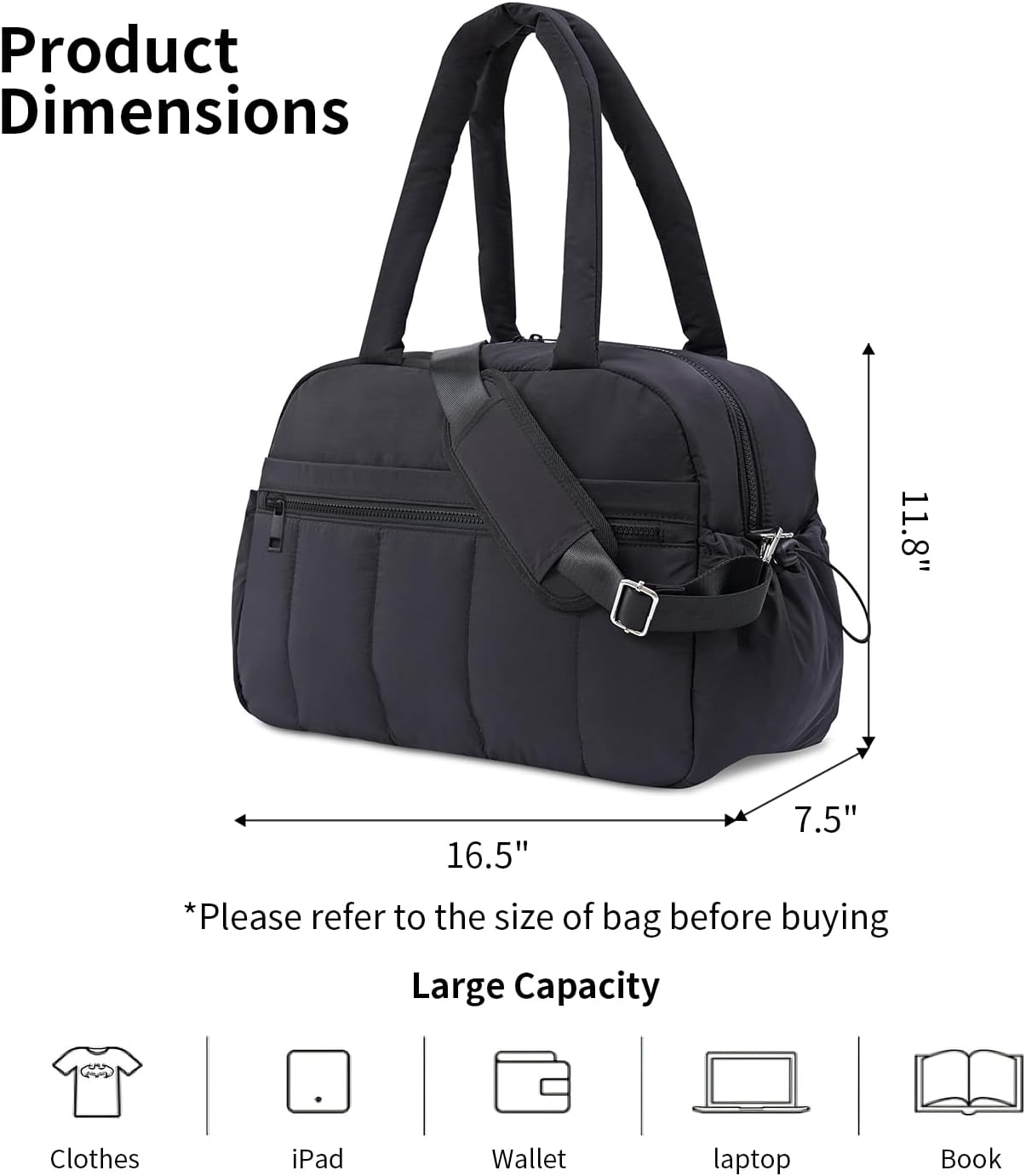 Travel Duffle Gym Bag for Women, Lightweight Puffer Carry on Weekender Bags with Wet Pocket Tote Yoga Workout Bag (Black) - Image 3