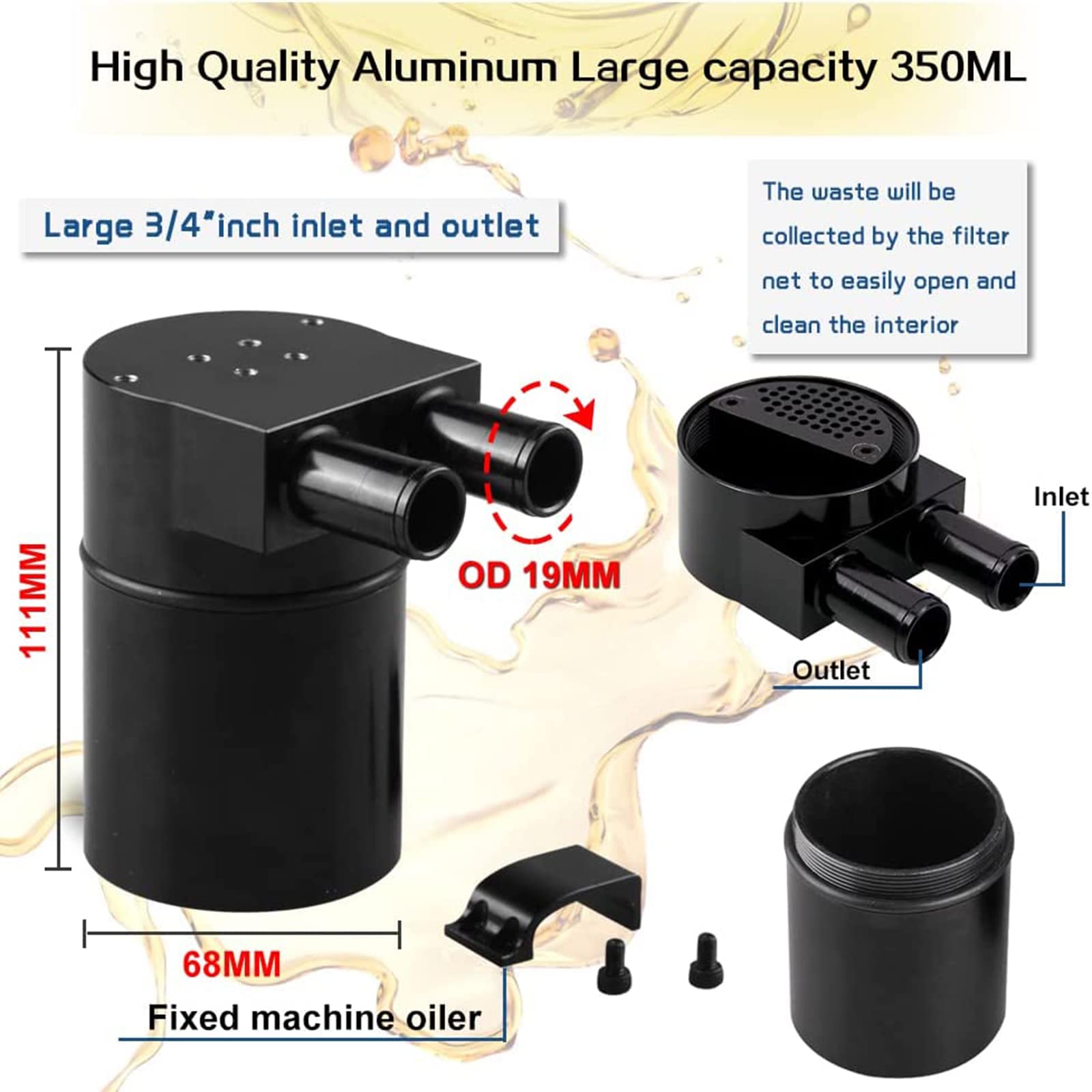 RULLINE High Percompatible withmance Black 0.75 inch 19MM Aluminum Alloy Reservior Oil Catch Can Tank compatible with BMW N54 335