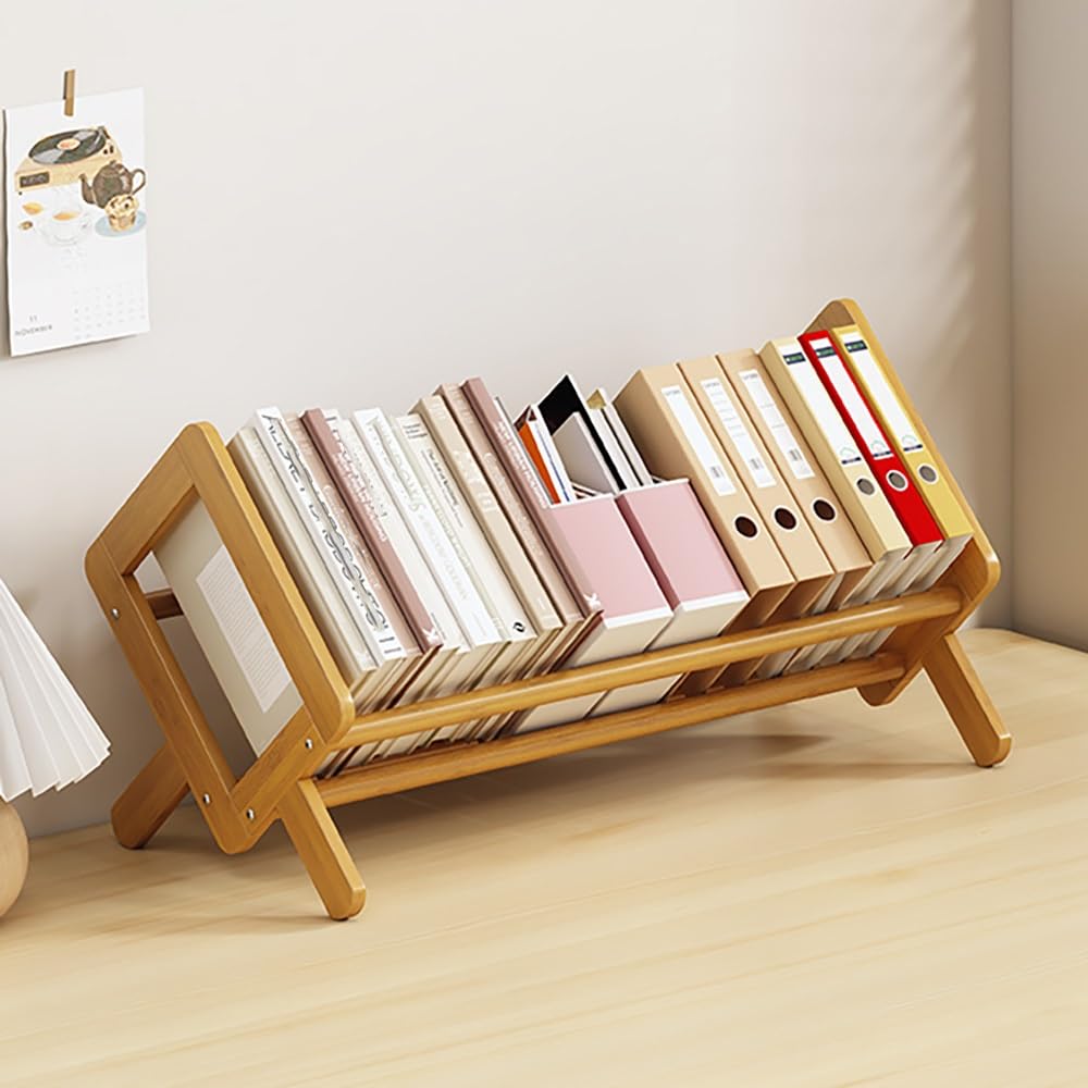 Bibliothèque de bureau rétro en bambou inclinable, étagère de rangement élégante en bois pour magazines, livres, fichiers et CD – 40 cm