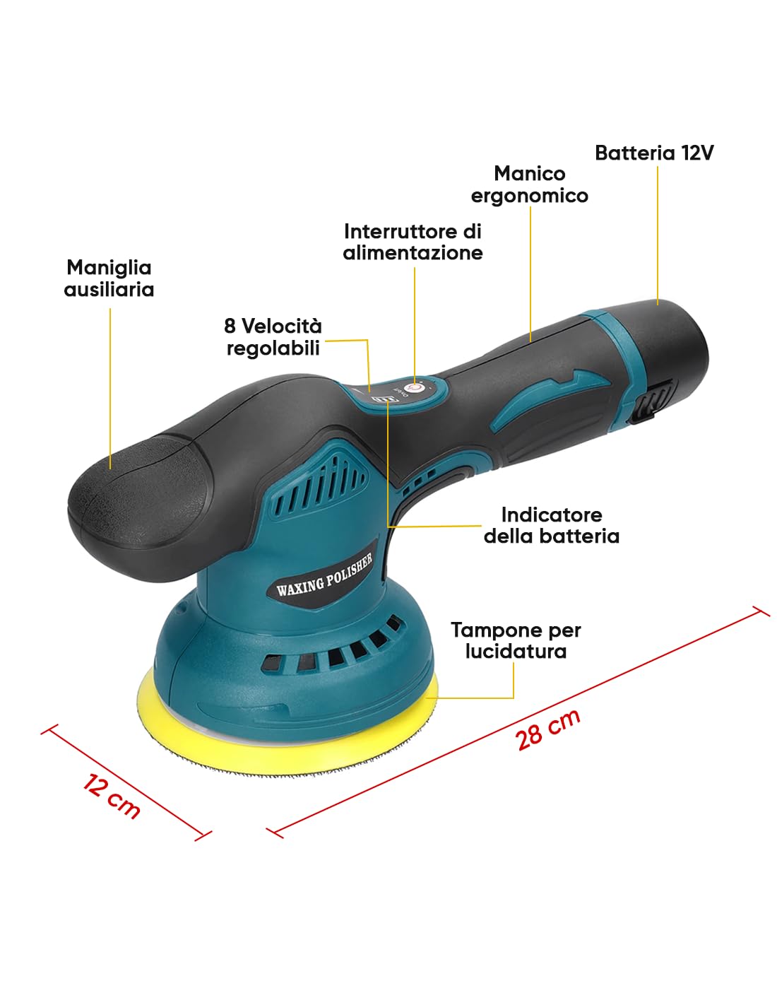 Lucidatrice Elettrica Levigatrice Doppia Batteria 24V Auto, Pavimenti 8 Velocità 380W Lucidatrice Auto Orbitale, Kit Professionale, 2800-5500 Giri/Min, Lucidatura, Ceratura, Lavori Angolari