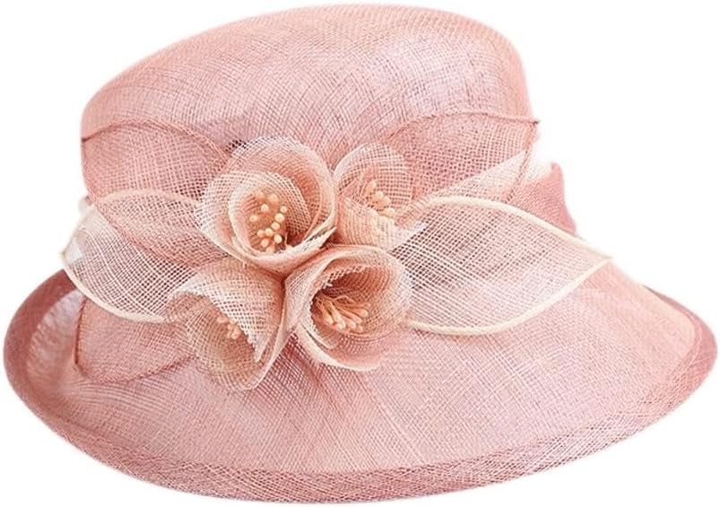 Women Elegant Linen Wedding Hats Wide Brim Brown Floral Cap Ladies Formal Fedora