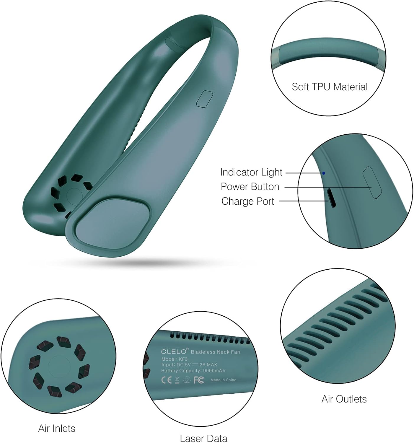 CLELO Portable Neck Fan, 9000mAh Rechargeable Personal Fan, Bladeless Neck Fan, Hands Free Neckband Cooling Fan, 18 Hours Run Time Low Noise & 3 Speeds with USB-C Charge Port - Green : Home & Kitchen