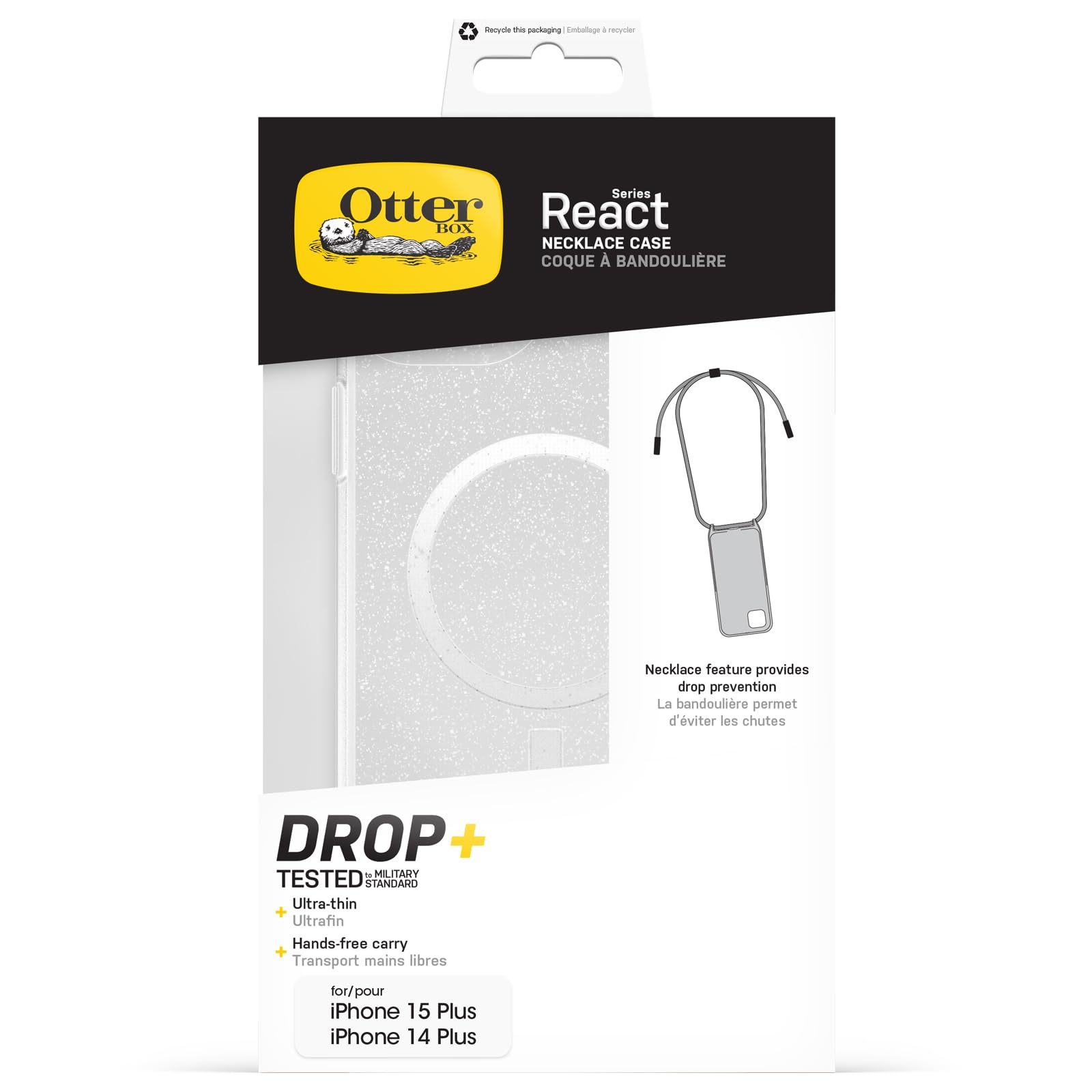 OtterBox Cover React Necklace con MagSafe per iPhone 15 Plus / 14 Plus, Ultra sottile, resistente a shock con cordino a collana, adattabile e intercambiabile, testata a norme MIL STD 810G, Stardust