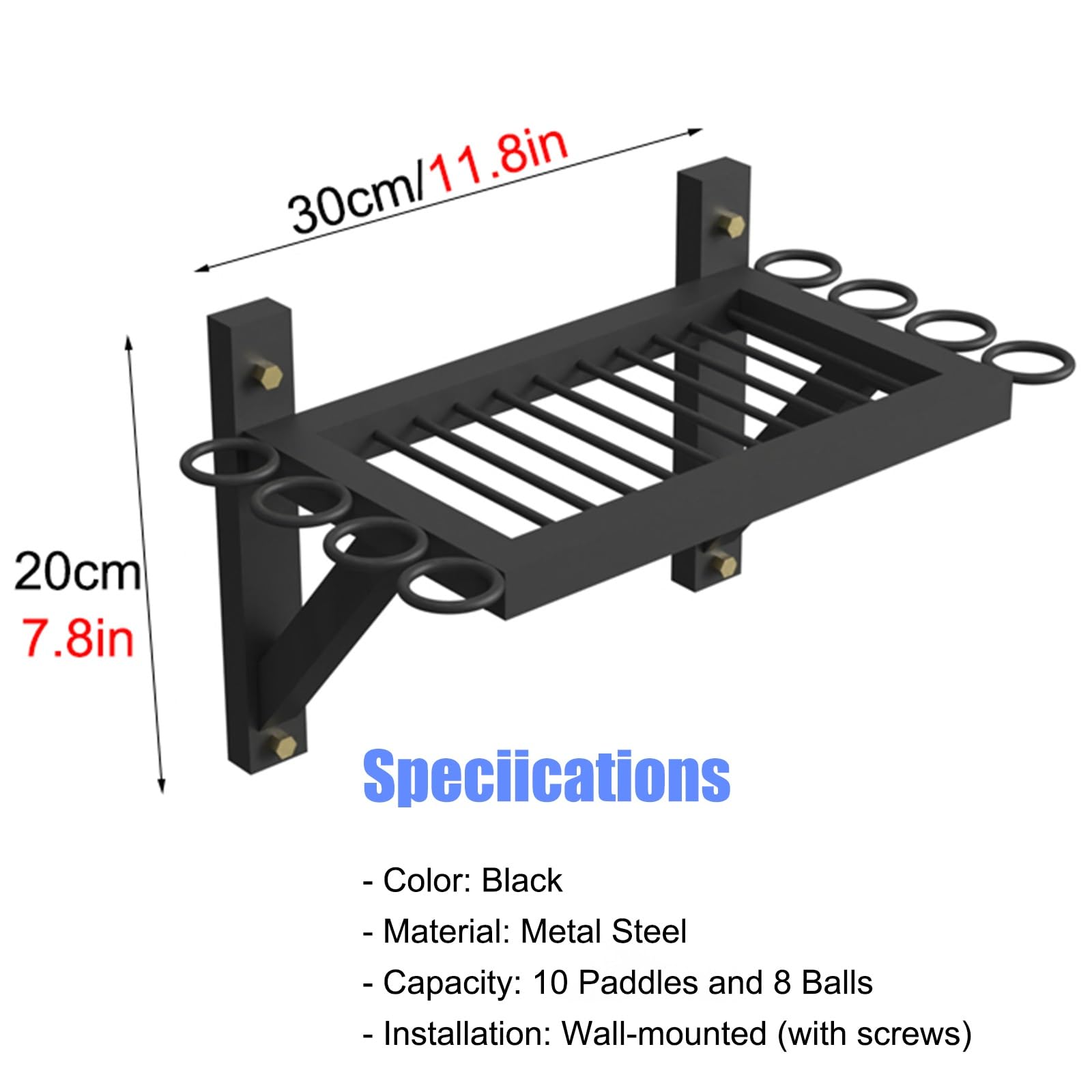 Supporto per racchetta da ping pong montato a parete con rastrelliera per 8 palline rotonde, organizer in metallo nero per casa/ufficio/club/palestra, salvaspazio - può contenere 10 racchette da pin