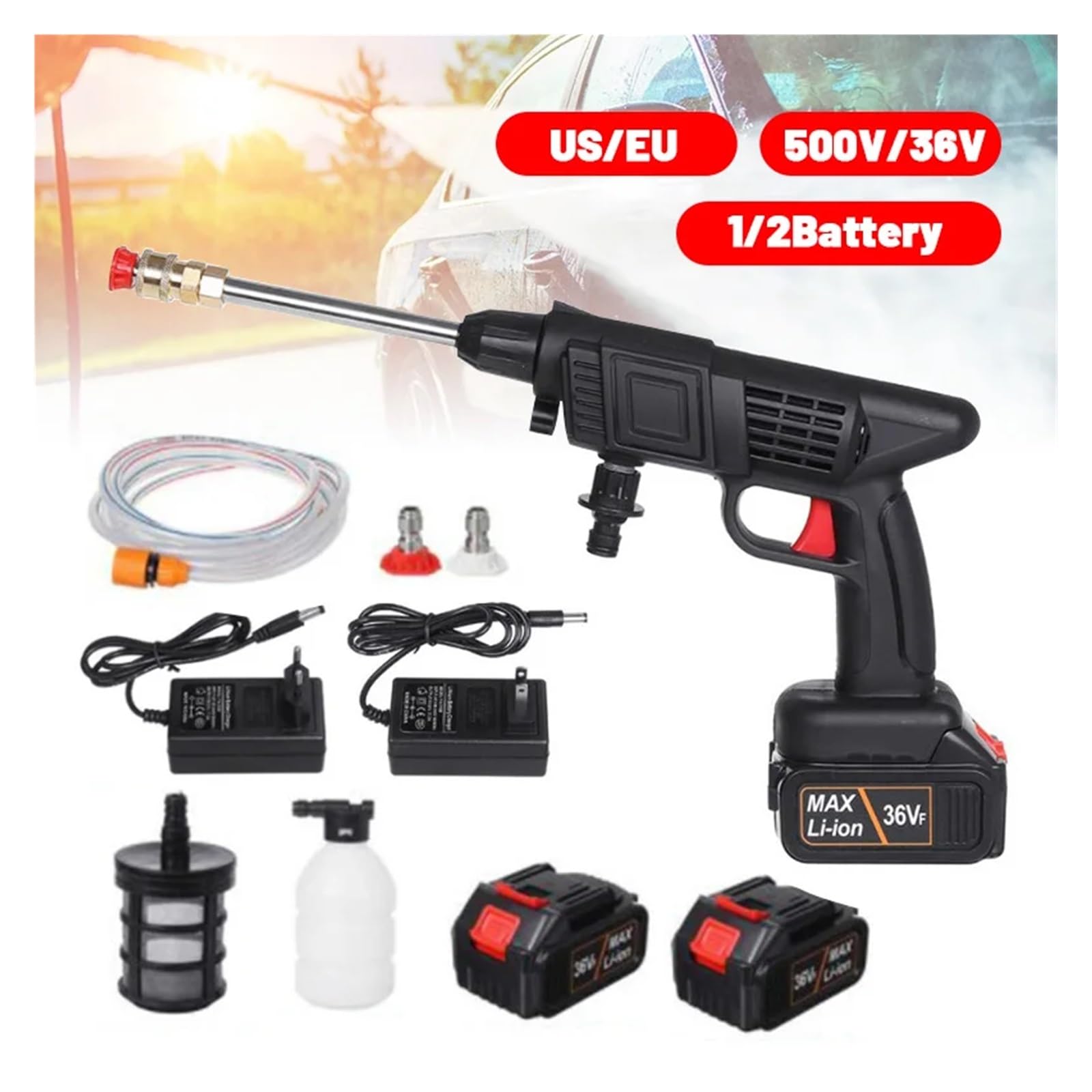 Idropulitrice ad alta pressione senza fili, macchina for schiuma for lavaggio auto ricaricabile, pistola acqua elettrica da giardino regolabile for batteria 36 V(1 batteries sets)