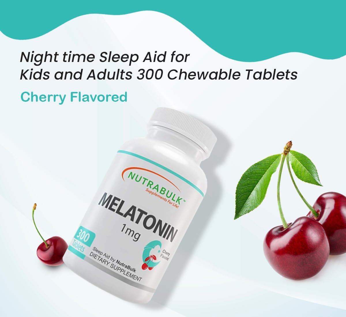 NutraBulk 1mg Melatonin - 1 mg Melatonin for Adults - Cherry Flavored Chewable Tablets - Fast Dissolve - Low Dose Non-Habit Forming Sleep Support - Made in USA -300 Count