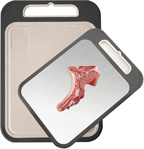 Tabla de cortar de doble cara Tabla de cortar de acero inoxidable 304 y tabla de cortar de paja de trigo para cocina de 13.78 x 9.84 pulgadas para
