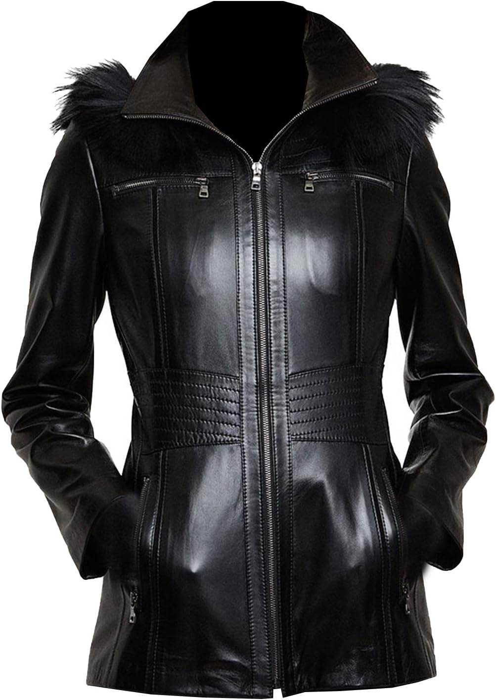 VearFit Procedoit Black Hooded Women Designer Faux Shearling Lambskin real leather Coat Blazar