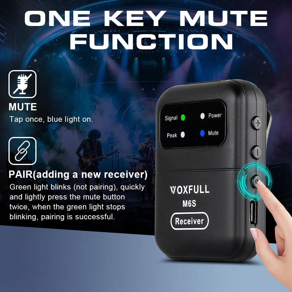 Kabelloses Stereo-In-Ear-Monitorsystem, 2,4 G, kabelloses IEM-System mit Sender, Clip-on-Empfänger, automatische Kopplung, In-Ear-Überwachung für Kirche, Bühne, Live-Performance (M6S)