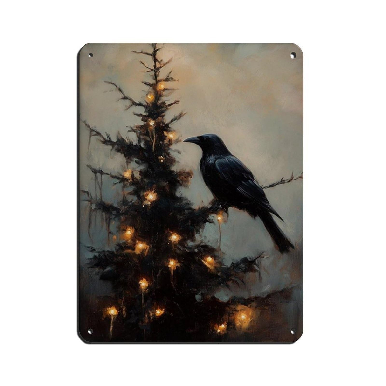 Raven on Christmas Tree Art, Gothic Crow Tin Sign Vintage Metal Pub Club Cafe Bar Home Wall Art Decoration Poster Retro 12x16inch(30x40cm)