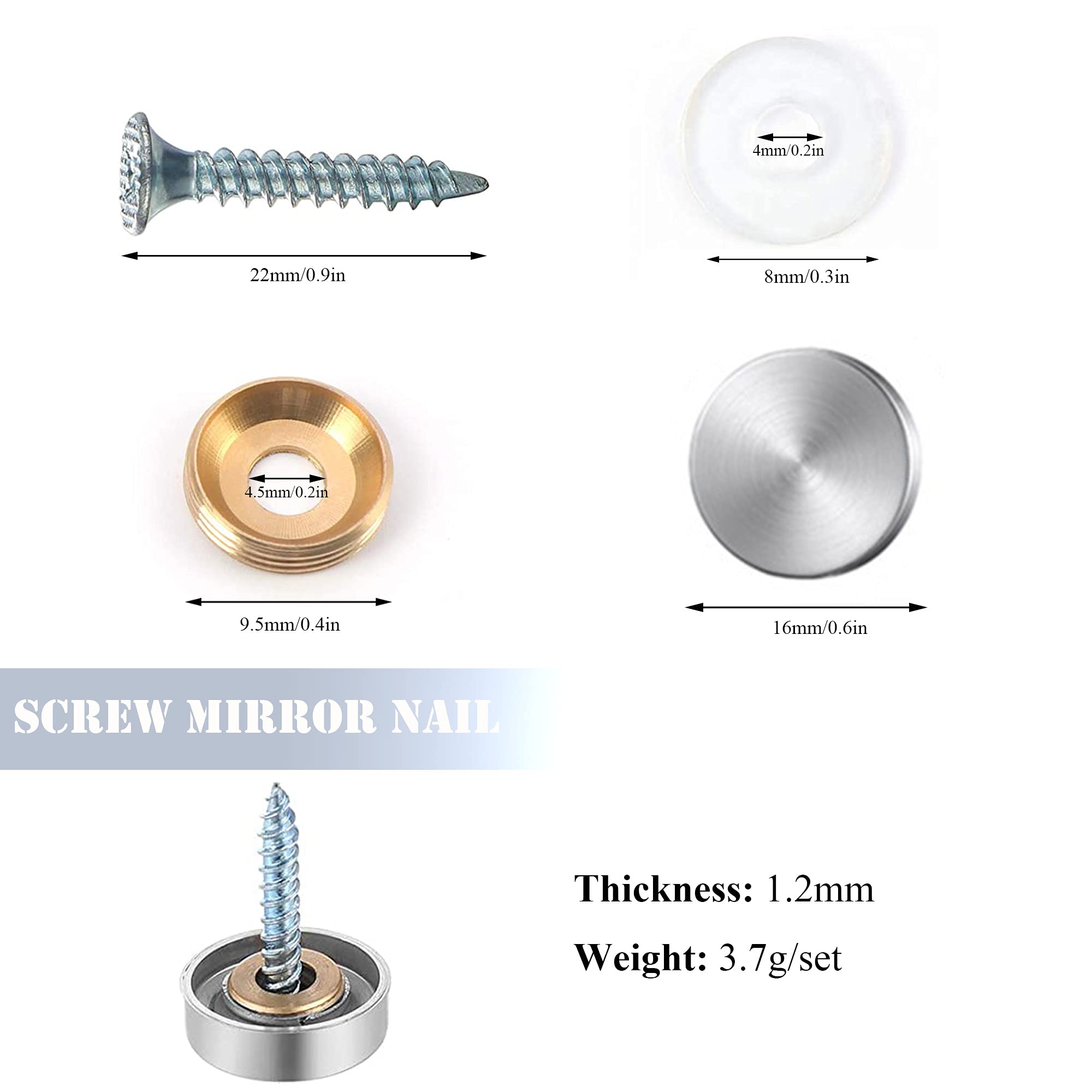 40 Juegos Cilíndrico de Tornillo Decorativas Tornillos para Espejo Clavos Espejo Cubierta de tornillo de acero inoxidable se utiliza para arreglar espejos vallas publicitarias cristales letreros 16 mm