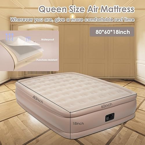 Miniatura 2 de Colchón de aire tamaño Queen con bomba incorporada para colchones inflables portátiles con parte superior flocada, cama de aire plegable doble de 18