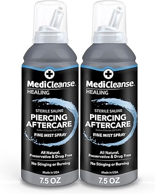 MediCleanse Sterile Saline Piercing Aftercare Fine Mist Spray, 7.5 Ounce, All Natural, No Alcohol, Vegan Friendly, for Piercings and Tattoos, Made in USA, Pack of 2