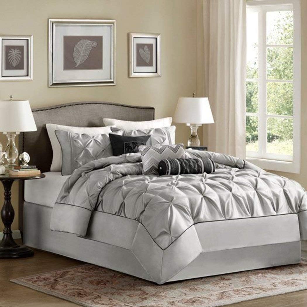 D&H 7 Piece Silver Grey Pinch Pleated Comforter King Cal Set, Plush Pinched Pleat