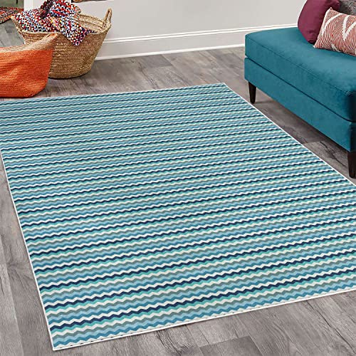 Ambesonne Aqua Decorative Area Rug, Retro Vintage Chevron Geometrical Zig Zag Stripes, Quality Carpet For Bedroom Dorm Living Room, 4' X 5' 5", Pale Blue Navy Blue #TOP1