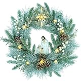 YULETIME 20' Pre-Lit Nativity Wreath, Battery Operated with 10 Fairy Lights, Holy Family Nativity Statue, Star of Bethlehem, Pine Cones, White Mistletoe, Frosted Spruce Branches (Nativity Frosted)