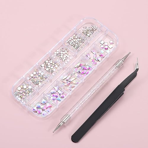 Miniatura 5 de 1000 unidades de 12 cinchas de varios tamaños ABdiamantes de imitación irregulares coloridos con parte trasera plana, con pinzas de recogida y