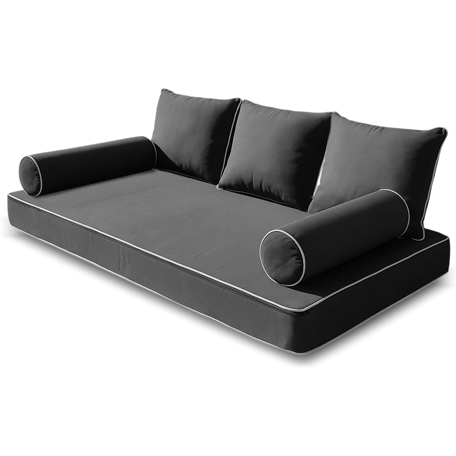 NSFBZA Outdoor Twin Size Mattress Cover for Patio Swing Bed,Porch Daybed Cushion Covers with Zipper,Twin Piped Trim Daybed Mattress Bolster Pillow Fitted Sheet Cover (Dark Gray, 75 * 39 * 6in)