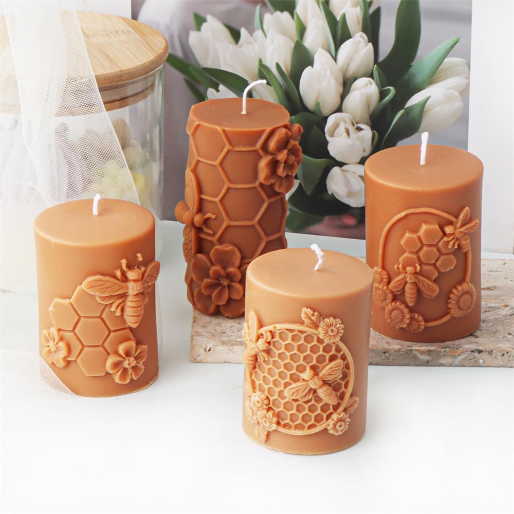 Bee Honeycomb Flower Cylinder Candle Mold, Honeybee Beehive Pillar Silicone Mold for Beeswax Candle, Soy Wax Candle, Plaster Ornament, DIY Crafts(B)