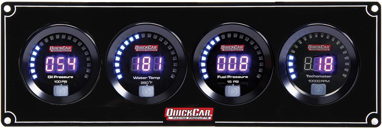 QuickCar Racing Products Gauge Panel Assembly, Digital, Oil Pressure/Water Temperature/Fuel Pressure/Tachometer, Black Face, Kit, 67-3042