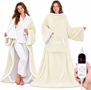 MENOLY Wearable Heated Blanket with Foot Pocket and Sleeves for Adults