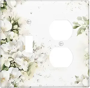Decorative Outlet Covers Rustic Ink Green Leaves White Florals Flower 2 Gang Outlet Cover Wall Plate Single Toggle Duplex Light Switch Cover Plate Switch Plate Covers for Bedroom Decor