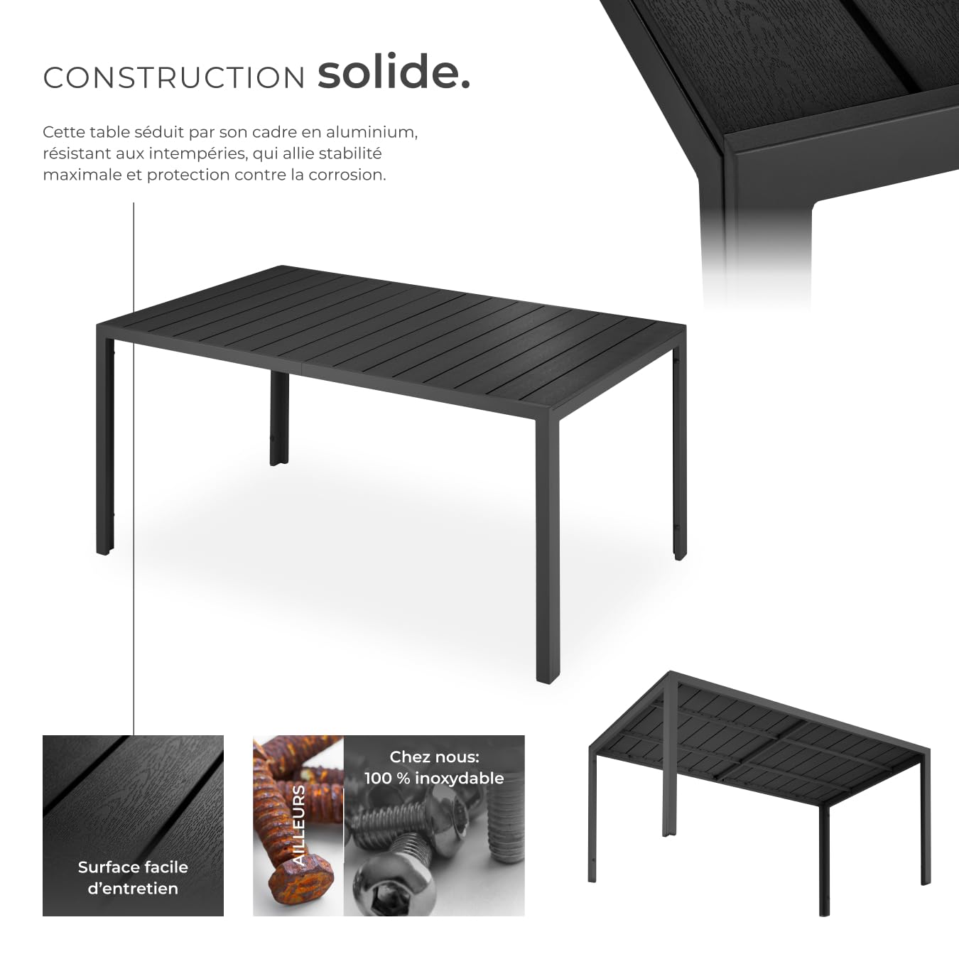 Table à Manger Extérieur en Aluminium Aspect Bois 150 x 90 x 74,5 cm Résistante aux intempéries Réglable en Hauteur