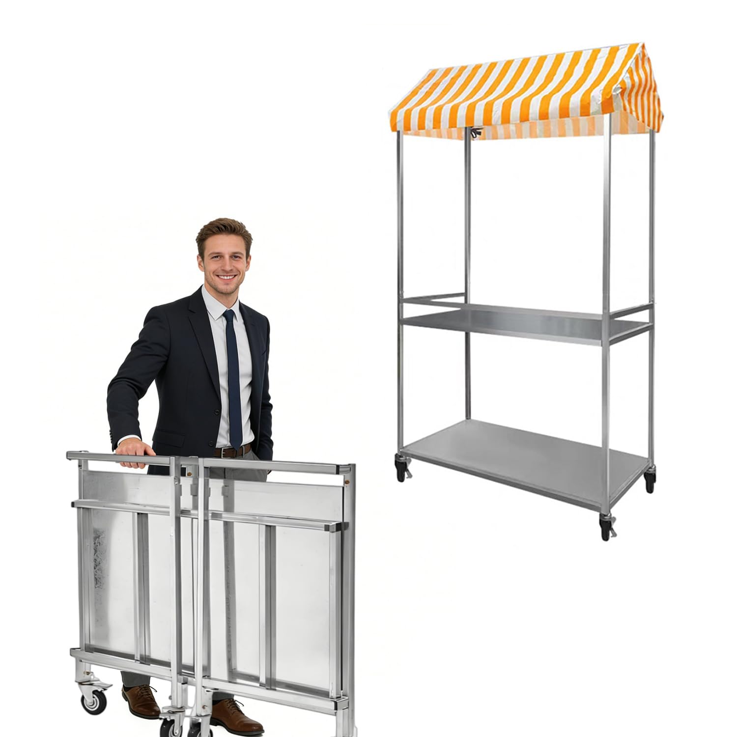 Mobiler Verkaufsstand aus Edelstahl, zusammenklappbarer Verkaufswagen mit Überdachung & Rädern – Kiosk-Trolley für Straßen, Parks, Hochzeiten & Jahrmärkte,Gelb,120cm