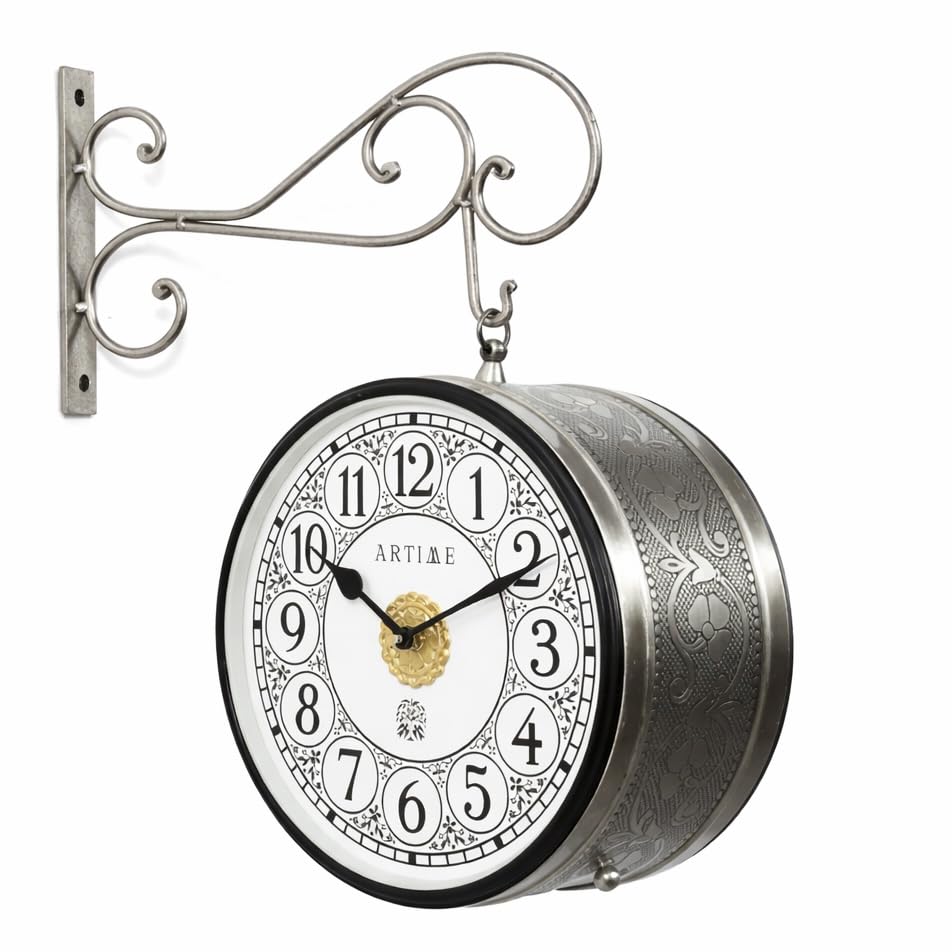 Image of Handcrafted Double Side Metal Analog Vintage Wall Clock | 1.5 Year Machine Warranty | 10 INCHES | 1 Side Number 1 Side Roman,Color Silver
