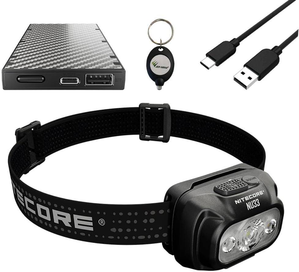Outdoor Combo: Nitecore NU33 Triple Output USB-C Rechargeable Headlamp- 700 Lumens w/ NB10000 10,000mAh PowerCharger and Eco-Sensa Keychain Light
