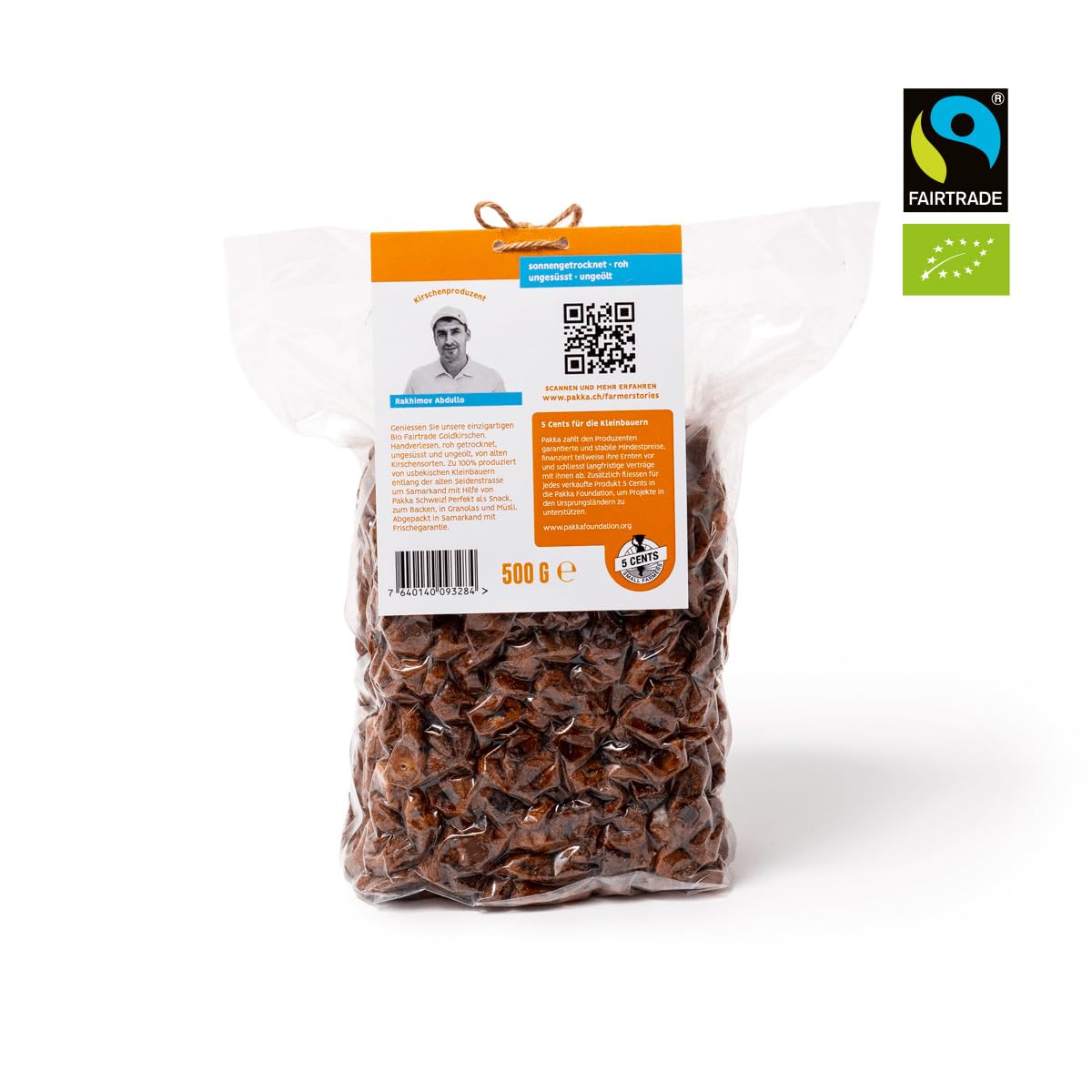 PAKKA - Cerises dorées bio commerce équitable, 500g, séchées au soleil, cerises jaunes sauvages, non huilées, non sucrées, directement des petits producteurs de Samarkand, Ouzbékistan, 500g