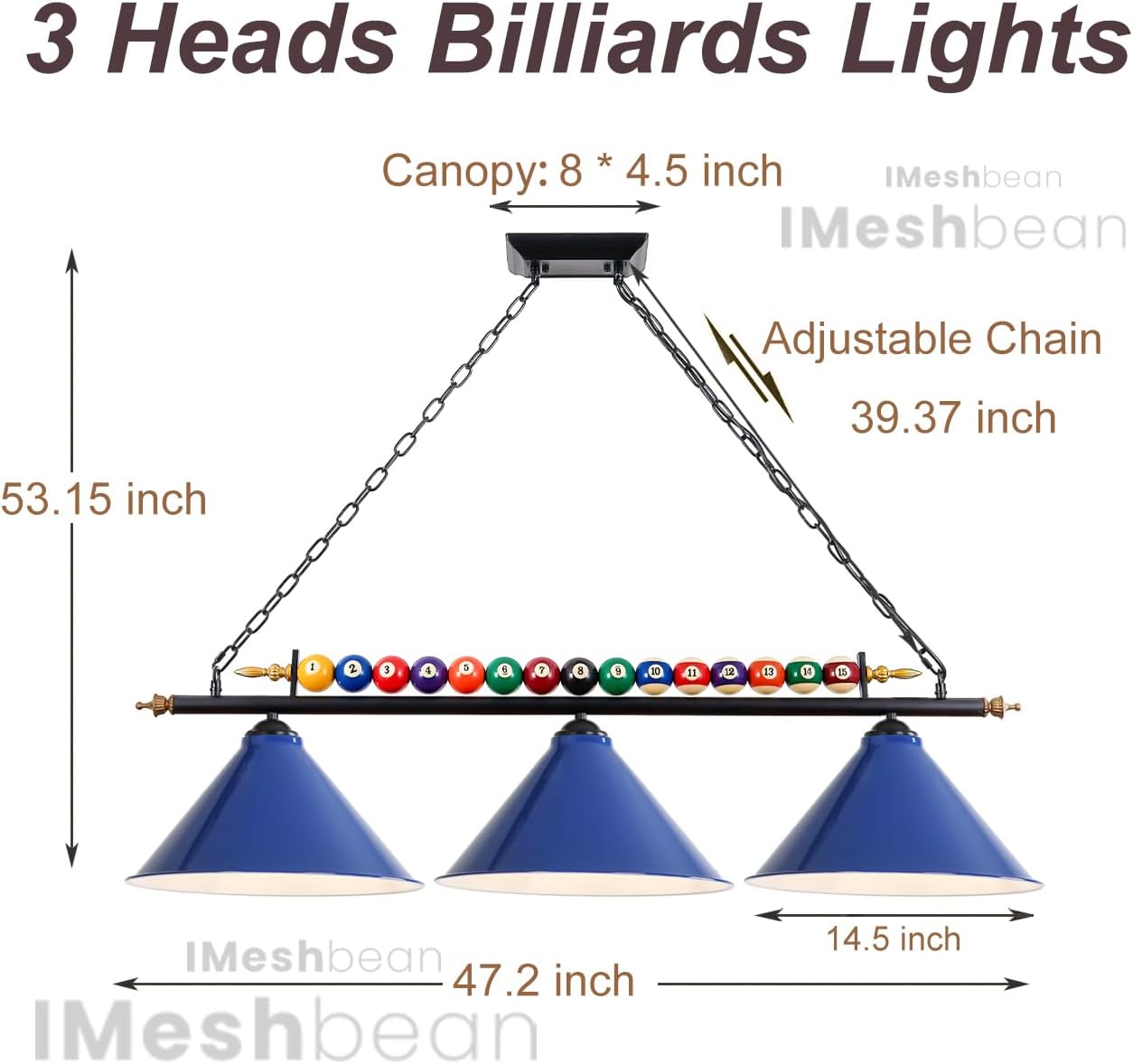 Pool Table Light, 47" Pool Table Lights Lighting Fixture for 7' 8' Pool Table ,Pool Table Lights Hanging Over Pool Table,Real Billiard Ball with 3 Metal Lamp Shades for Game Room Pool Table Billiards