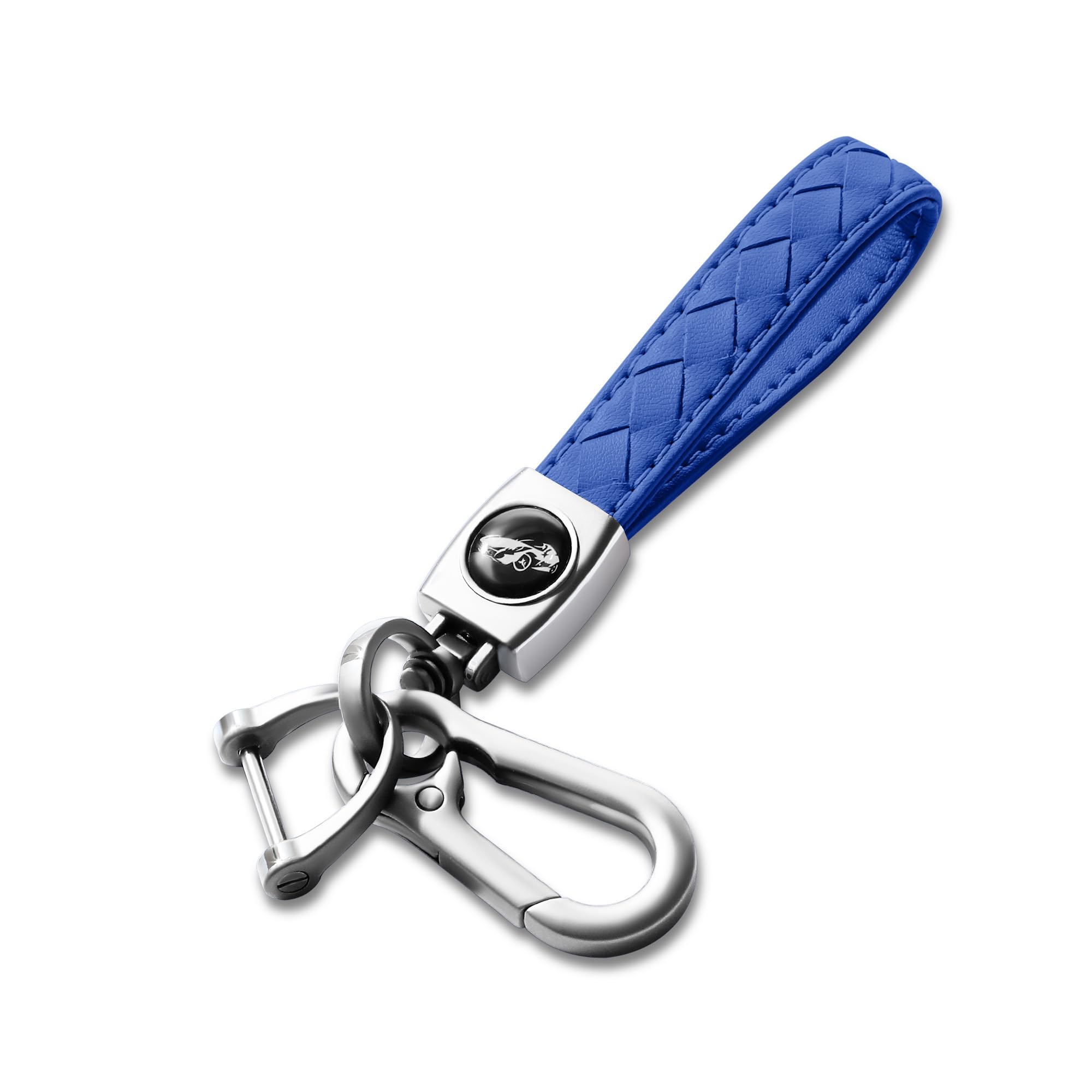 Gkeygo Carabiner Keychain, Universal Heavy Duty Woven Handmade Leather Key Chain, Car Fob Key Keychains with 360 Degree Rotatable Snap Swivel and Anti-Lost D-Ring for Men and Women, Silver - Blue