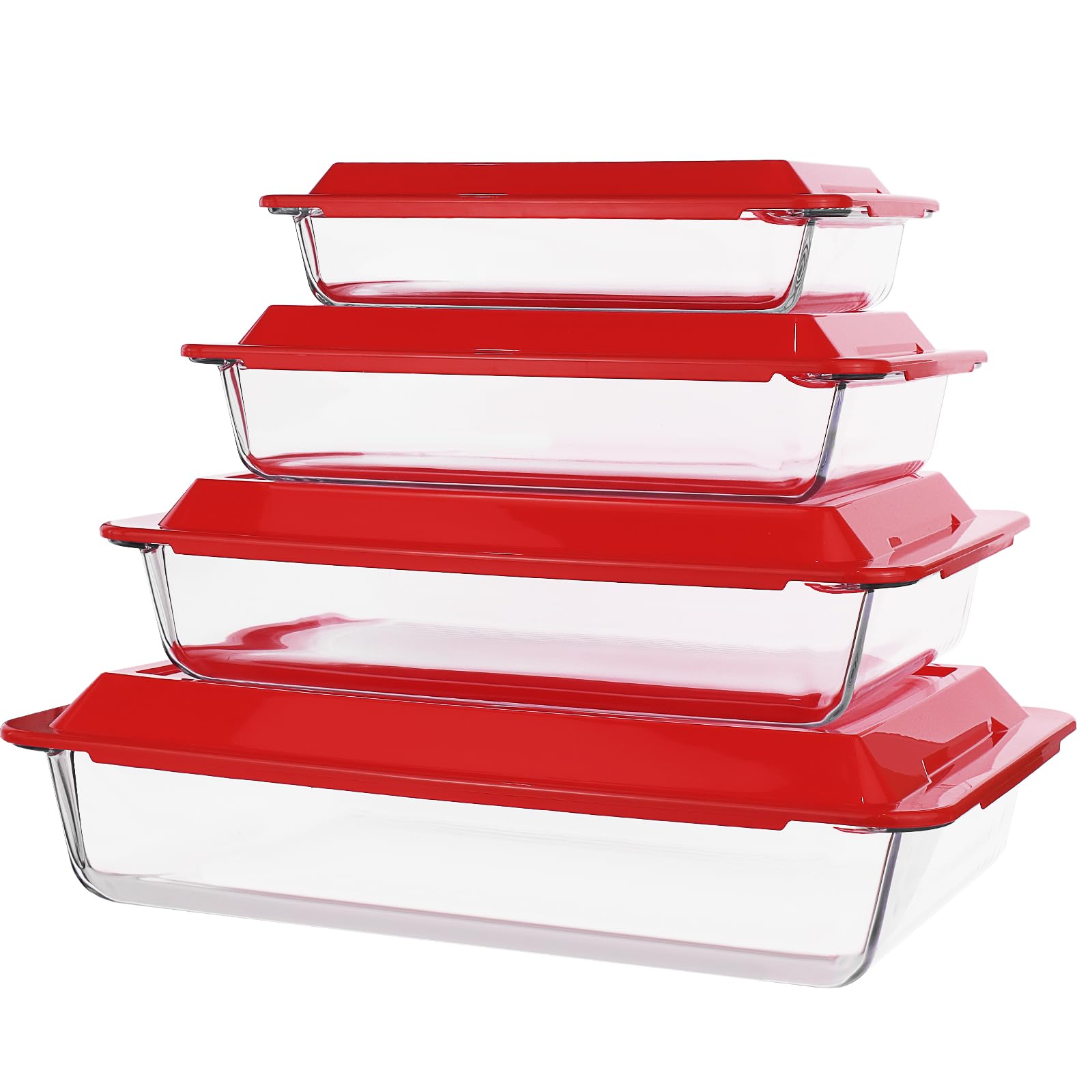 Set di 4 teglie da forno in vetro con coperchio, set di pirofile rettangolari, 1 l, 1,7 l, 2,8 l, 4,2 l, set da forno in vetro trasparente, per cucina, casa, ristorante, hotel, forno lavabile in