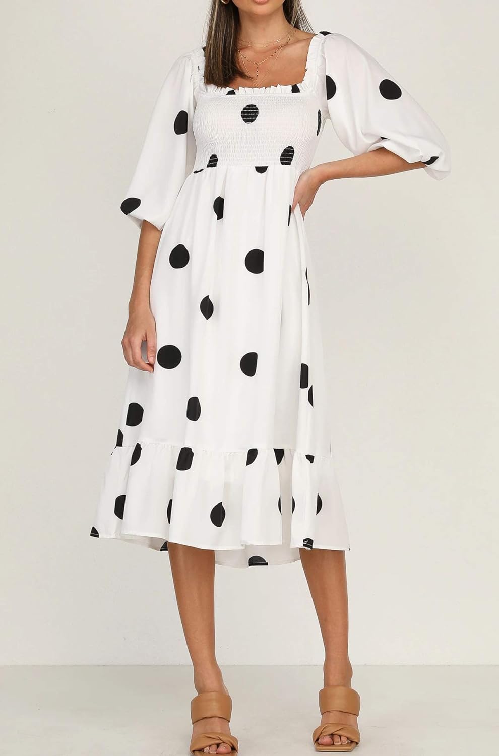 R.Vivimos Women's Summer Cotton Puff Sleeves Casual Vintage Polka Dots Print Off Shoulder Midi Dress - Image 4