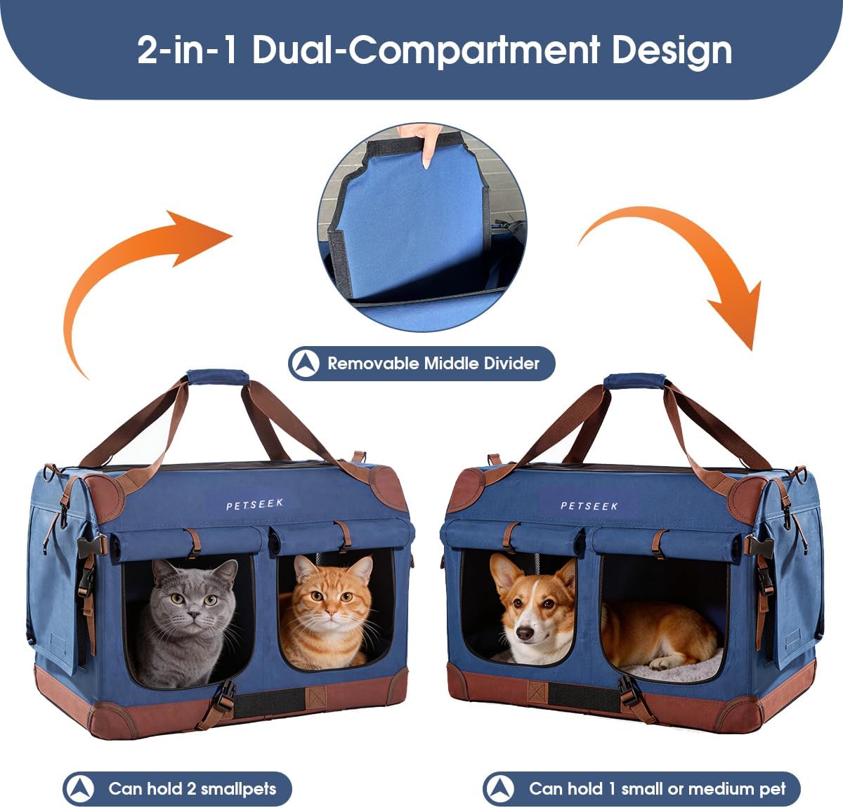 Extra Large Cat Carrier for 2 Cats, Soft Sided Folding Small Dog Pet Carrier 24"x16.5"x16" Dual Cabin Collapsible Ventilated Comfortable Design Portable Vehicle