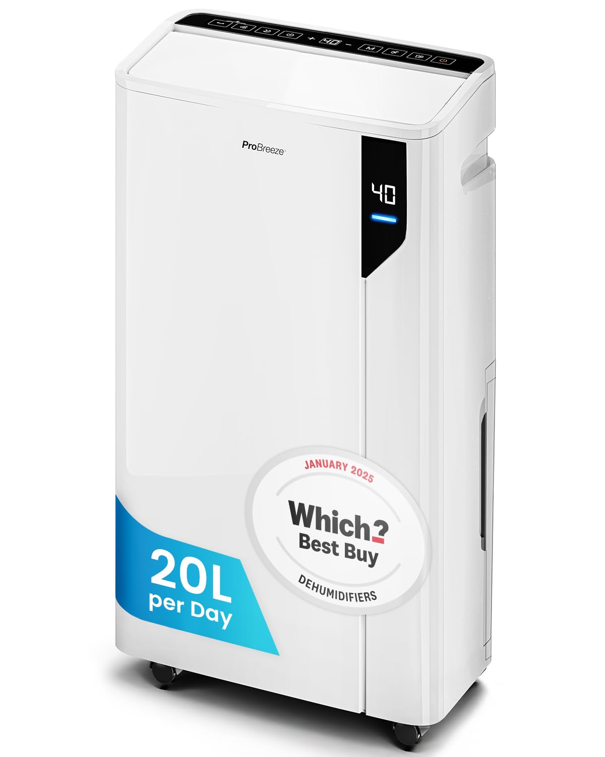 Pro Breeze® 20L/Day Compressor Dehumidifier - Energy Efficient with Laundry Mode, Humidity Sensor & Indicator, Carbon Air Filter for Mould, Damp & Moisture - for Home, Office & Bedroom