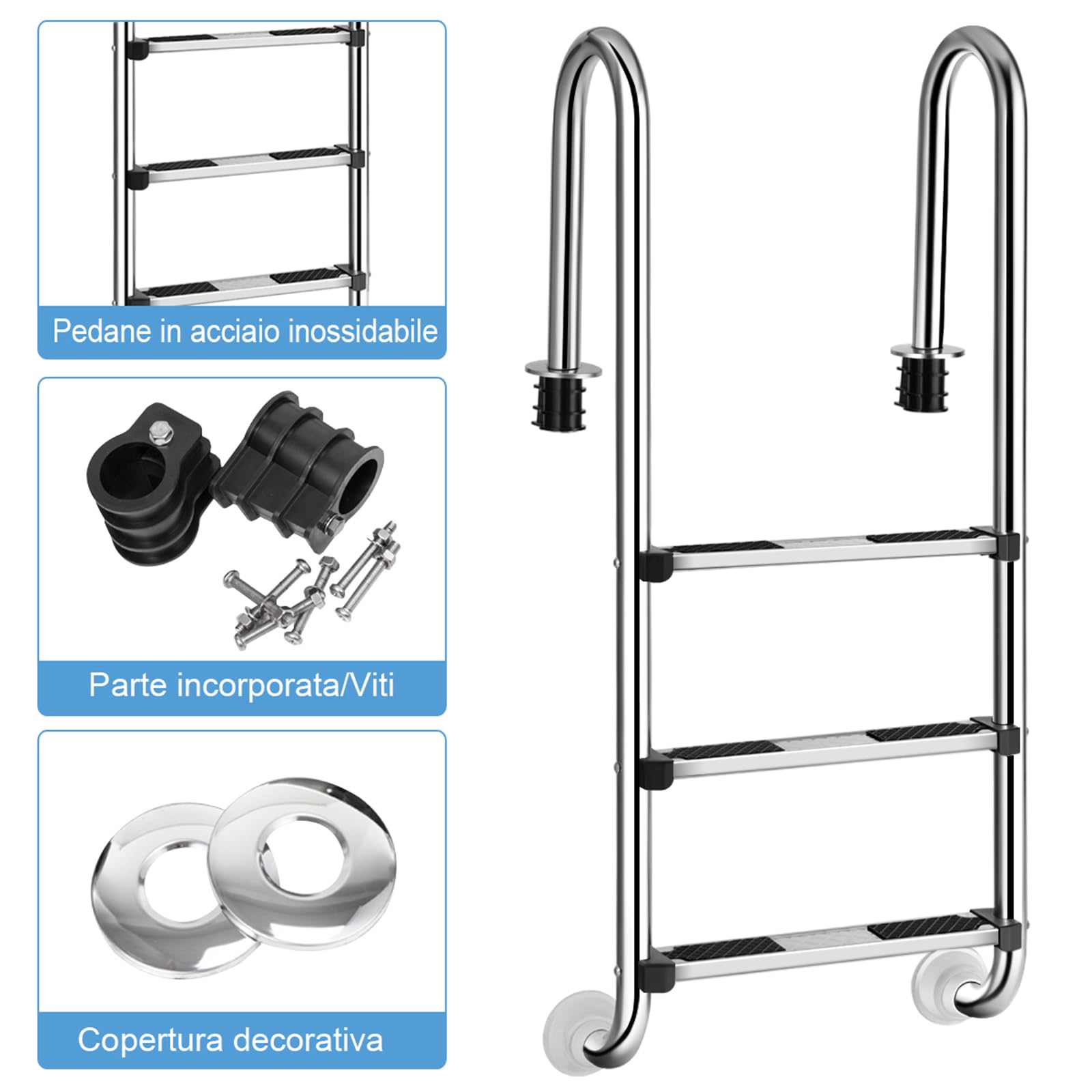 COSTWAY Scaletta di 3 Gradini per Piscina in Acciaio Inox | Scala Piscina con Pedane Antiscivolo, 55 x 25 x 132,5 cm, Capacità di Carico 150 kg