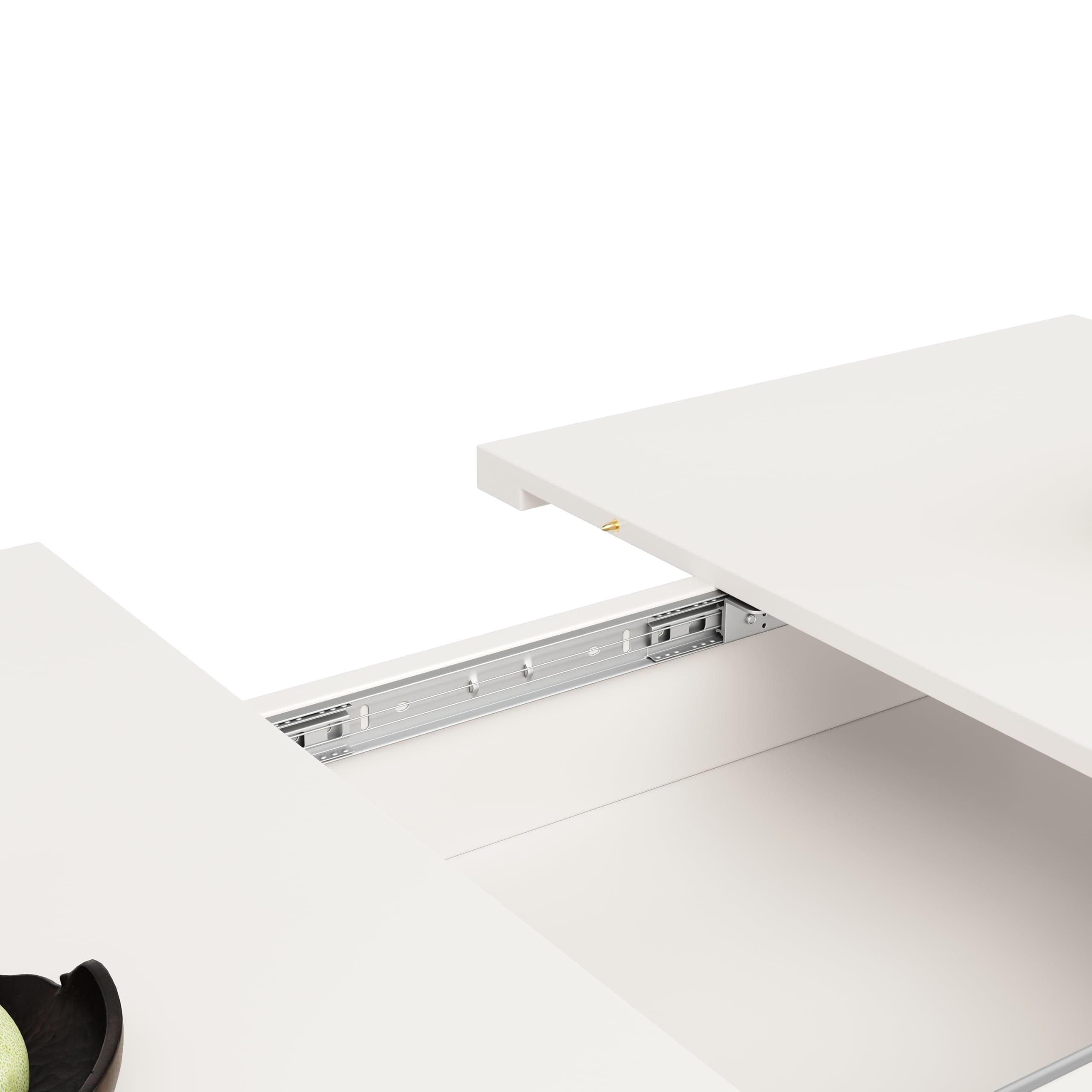 Tavolo da pranzo allungabile, 110/140 cm, 3 ripiani, ante in vetro, bianco, salvaspazio, cucina, soggiorno, moderno