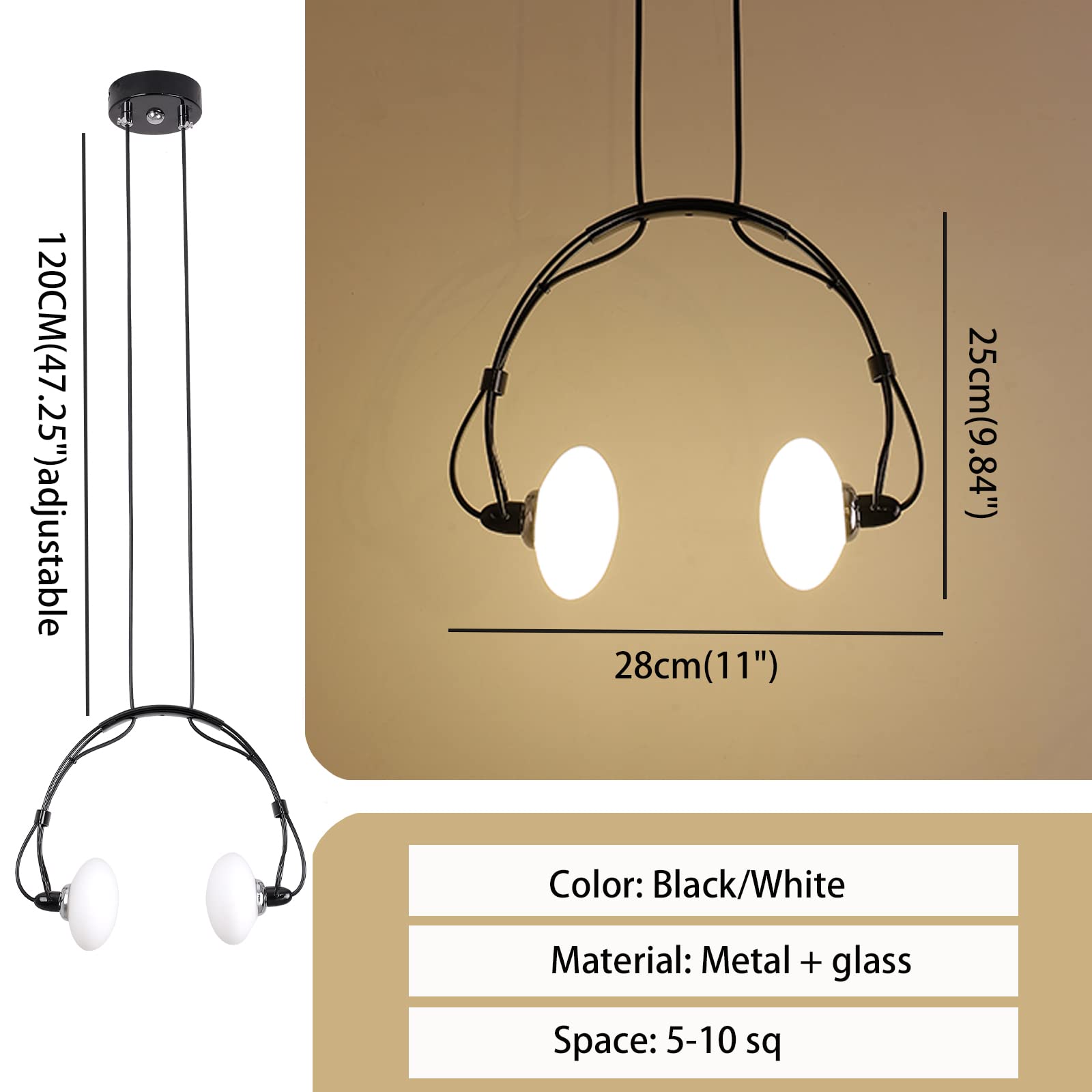 Kreatywna lampa wisząca LED, nowoczesna, żelazna, regulowana, wisząca lampa do jadalni, sypialni, szklany żyrandol, lampa sufitowa, 2 x żarówka G4, w zestawie (słuchawki, czarna)