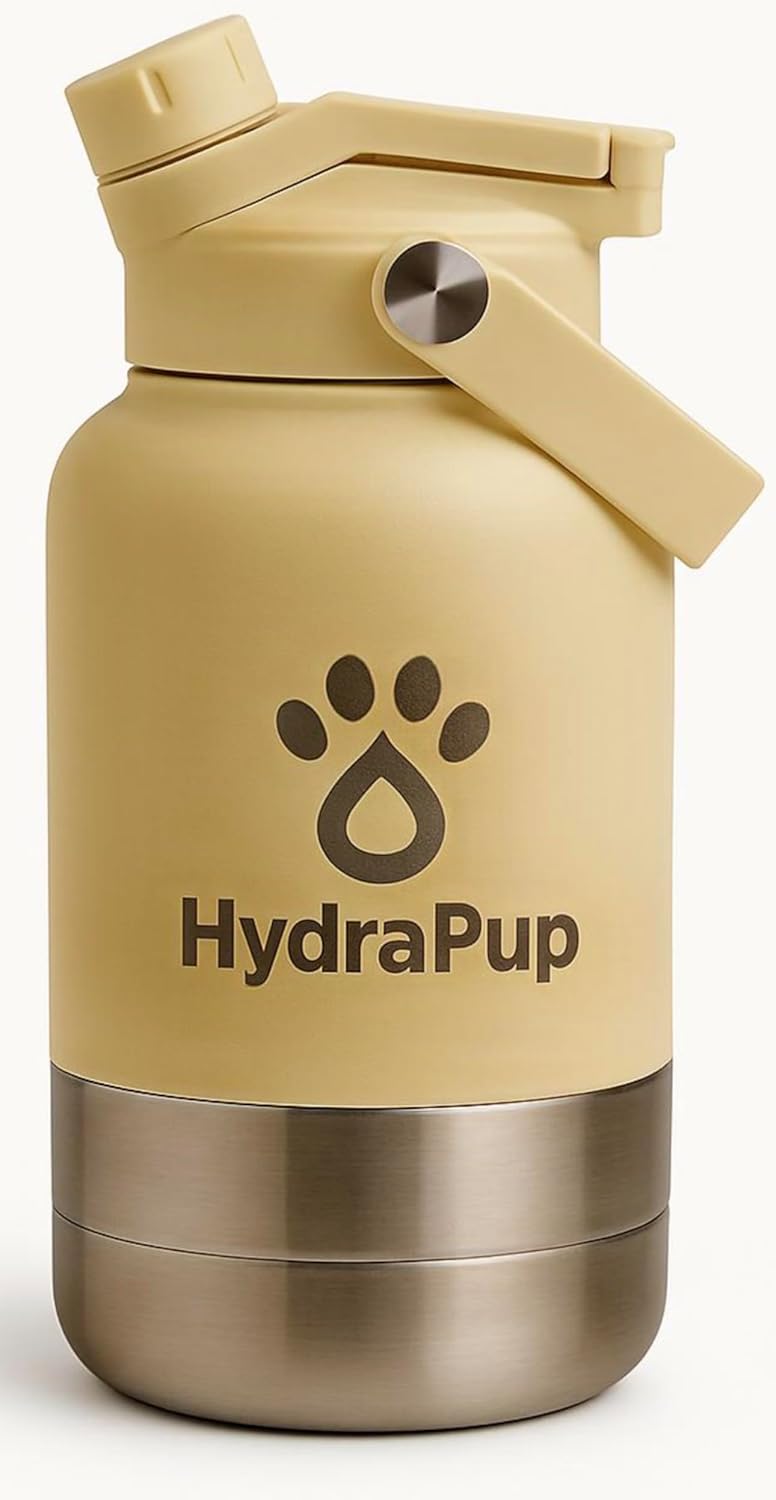 32oz Insulated Water Bottle with Dog Bowls – Human & Pet Shared Use, Stainless Steel Leakproof Travel Bottle (Sand Beige)