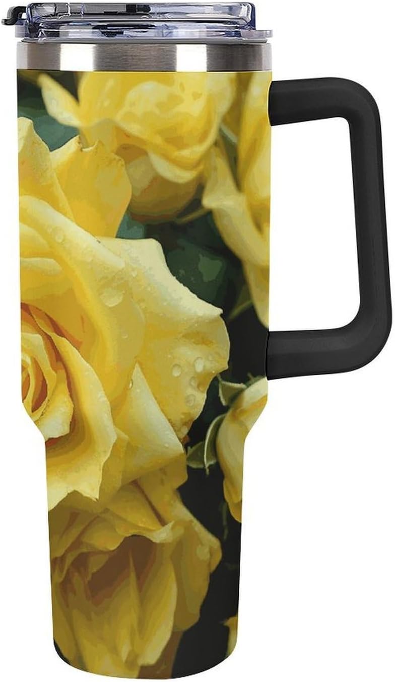 40 Oz Tumbler with Straw And Lid Graceful Yellow Rose Flower Insulated Travel Coffee Mug Stainless Steel Water Bottle Vacuum Insulated Tumblers for Sport Work Car Travel Weekends