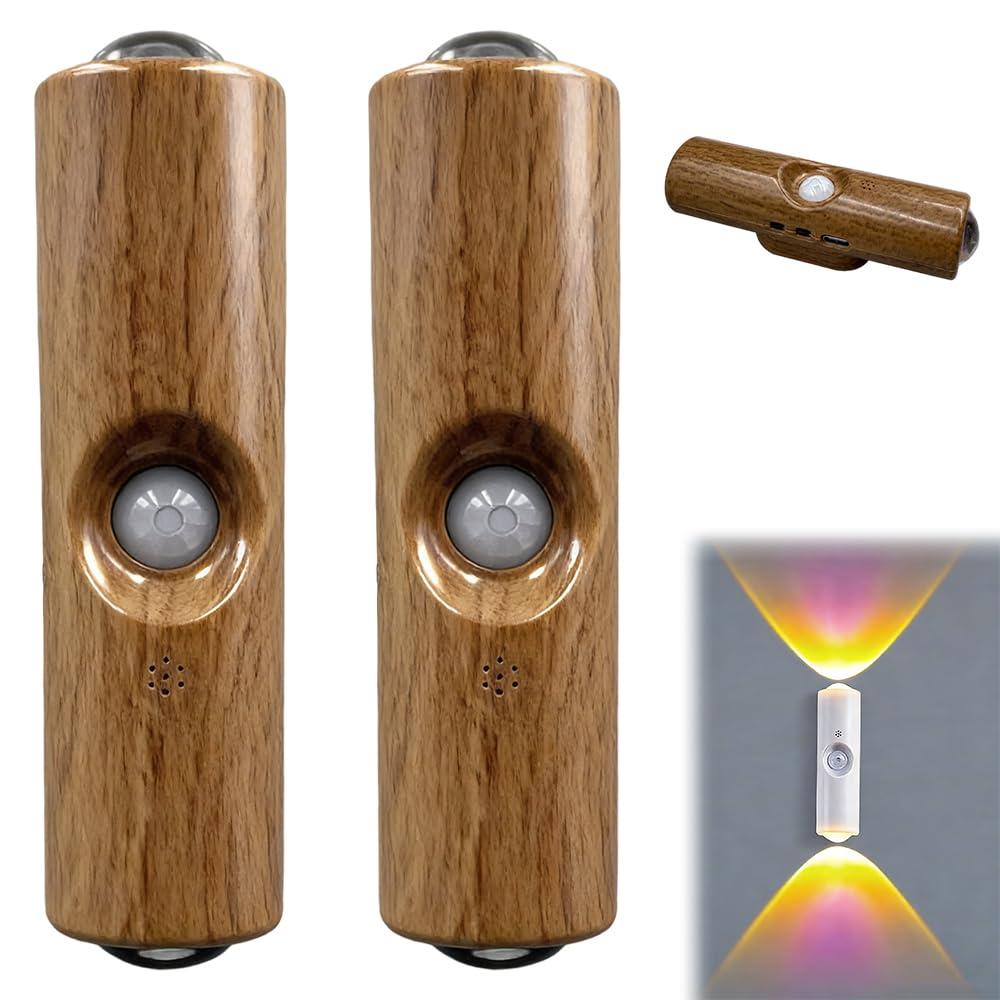 Motion Sensor Lights Indoor, 2026 New Rechargeable Dynamic RGB LED Wall Lamp, Magnetic Mount, Punch-Free Color Changing Motion Sensor Light for Stairs, Wardrobe, Cabinet (2, Wood)