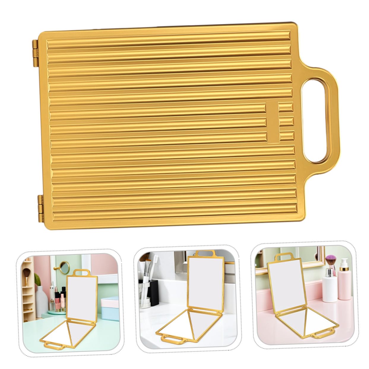 WOONEKY Faltbarer doppelseitiger Friseurspiegel Gold mit Griff Kompakt Leicht Präzise Spiegelung für selbstständiges Haarschneiden Make-up Styling für Reise und Salongebrauch