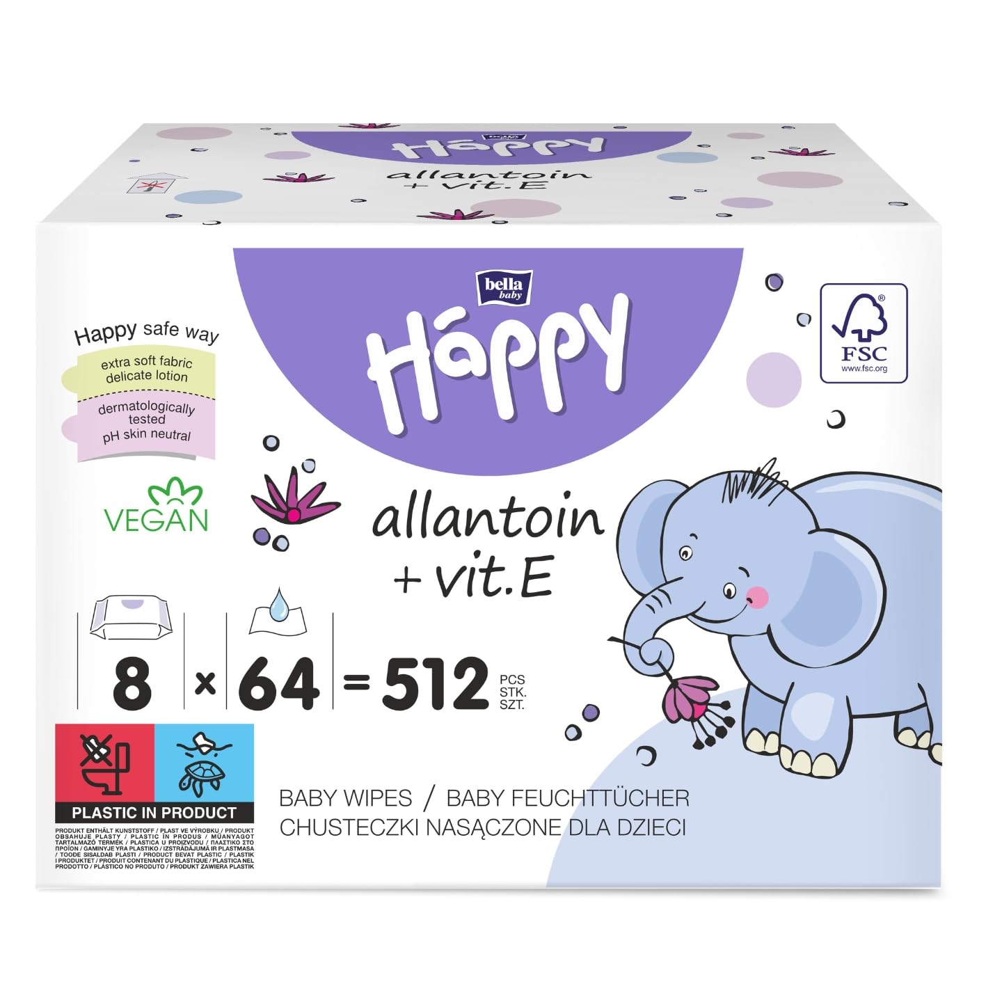 bella baby Happy Babyfeuchttücher mit Allantoin & Vit. E 512 Tücher (8 x 64 Stück) pflegende Feuchttücher für Babys